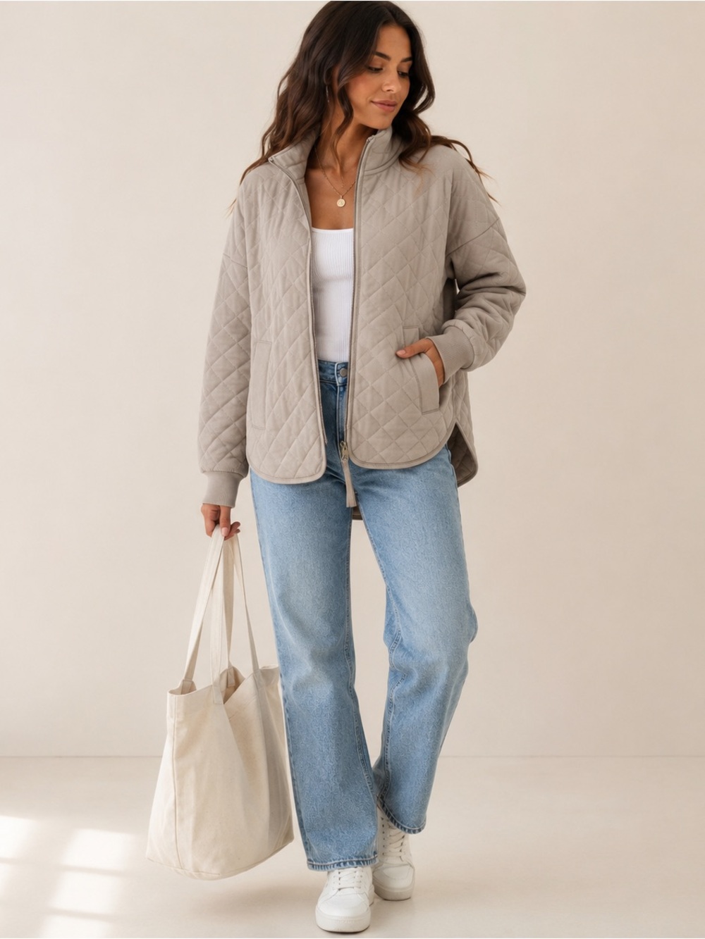 Avalanche Quilted Zip Jacket Womens M Taupe Cotton Blend Shacket Lightweight
